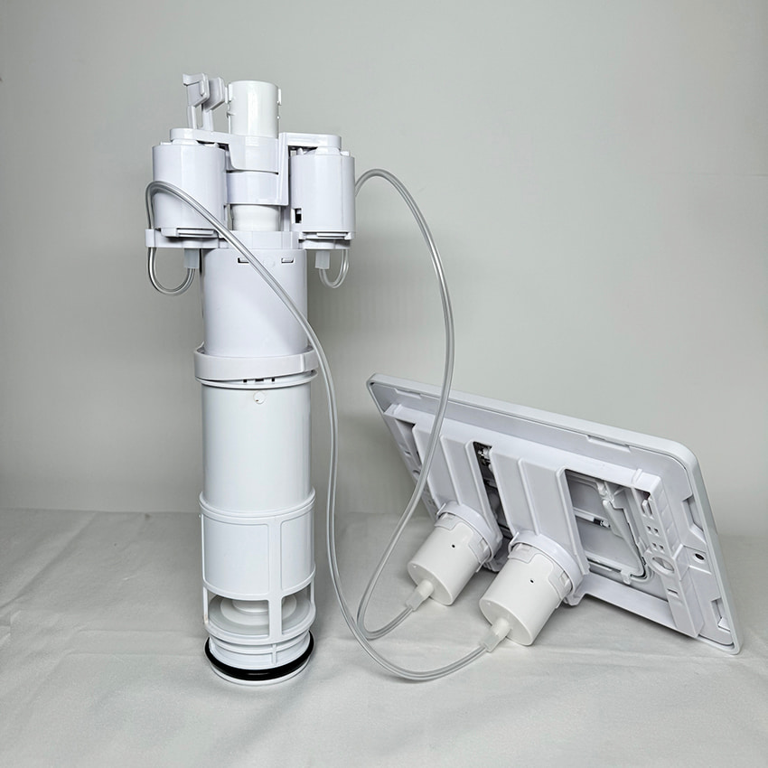 Pneumatic flush toilet panels with built-in filtration systems